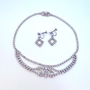 Vintage Clear Rhinestone Necklace and Screw Back Earring Set